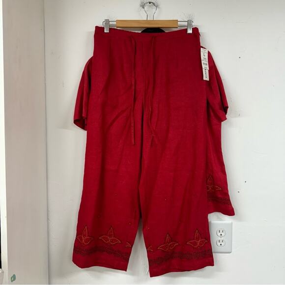 Vintage Red Linen Two Peice Set Wide Leg Pants Short Sleeve Button Down Shirt L - Picture 1 of 15